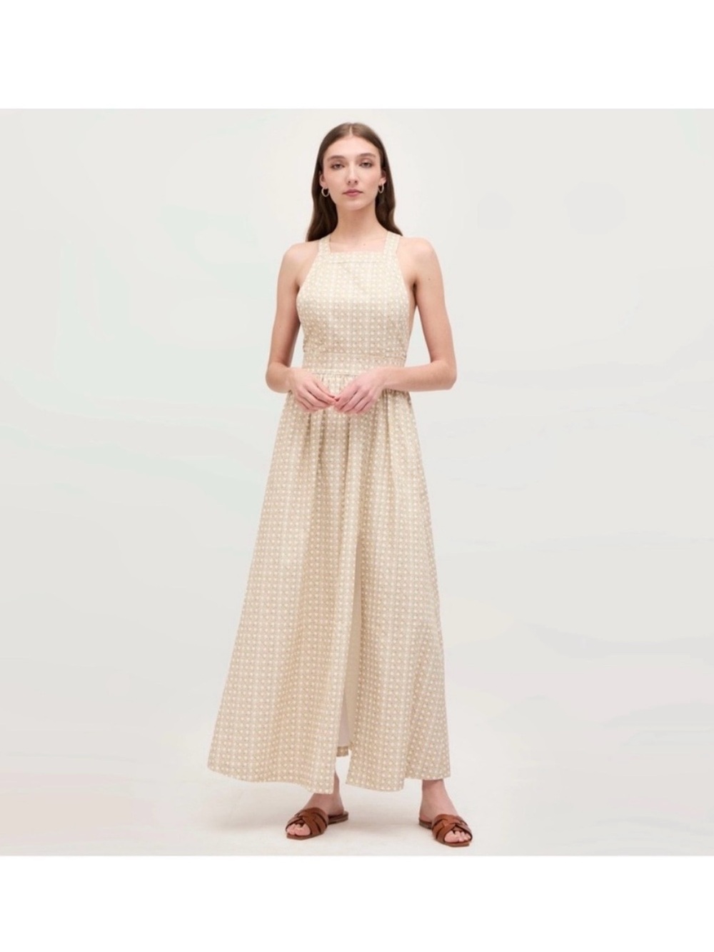 Hill House Sleeveless Beige Maxi Dress with Subtle Dot Pattern